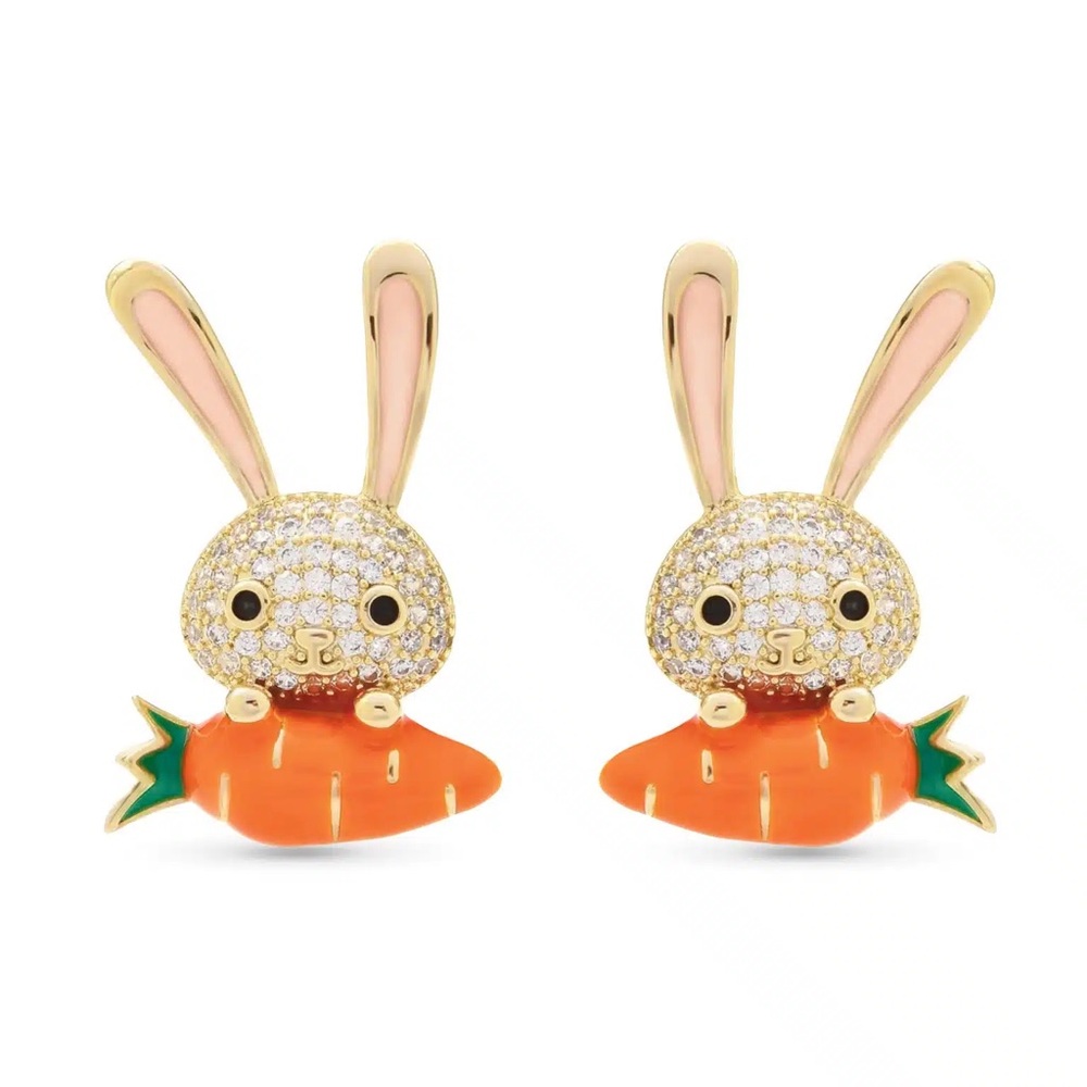 NEW AMANDA BLU GOLD MICRO CZ EASTER BUNNY WITH ENAMEL CARROT EARRINGS